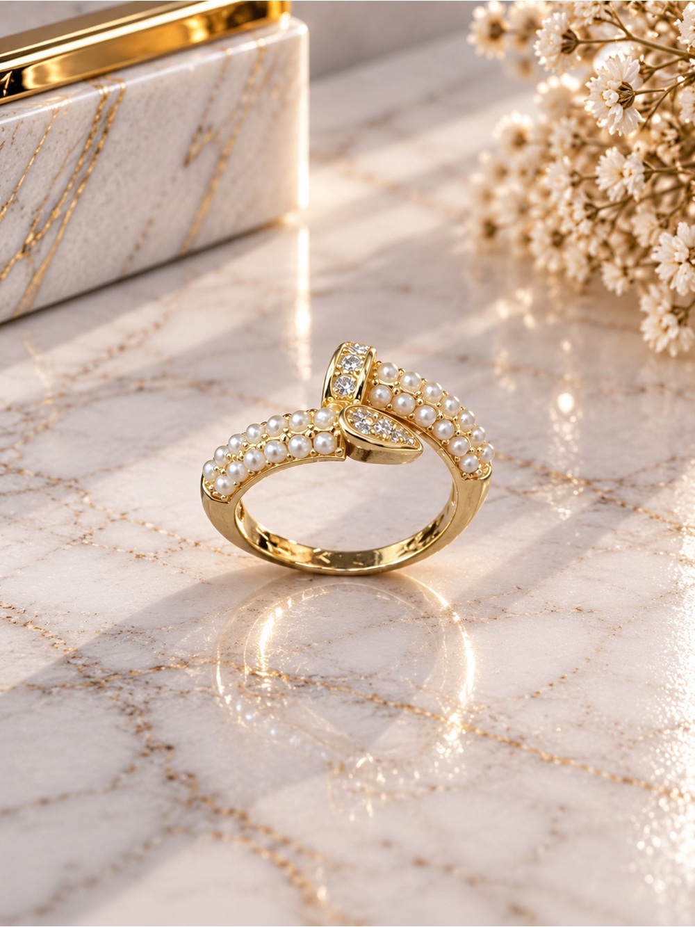 Gold Filled Adjustable Pearl Cluster Ring - Women Jewelry